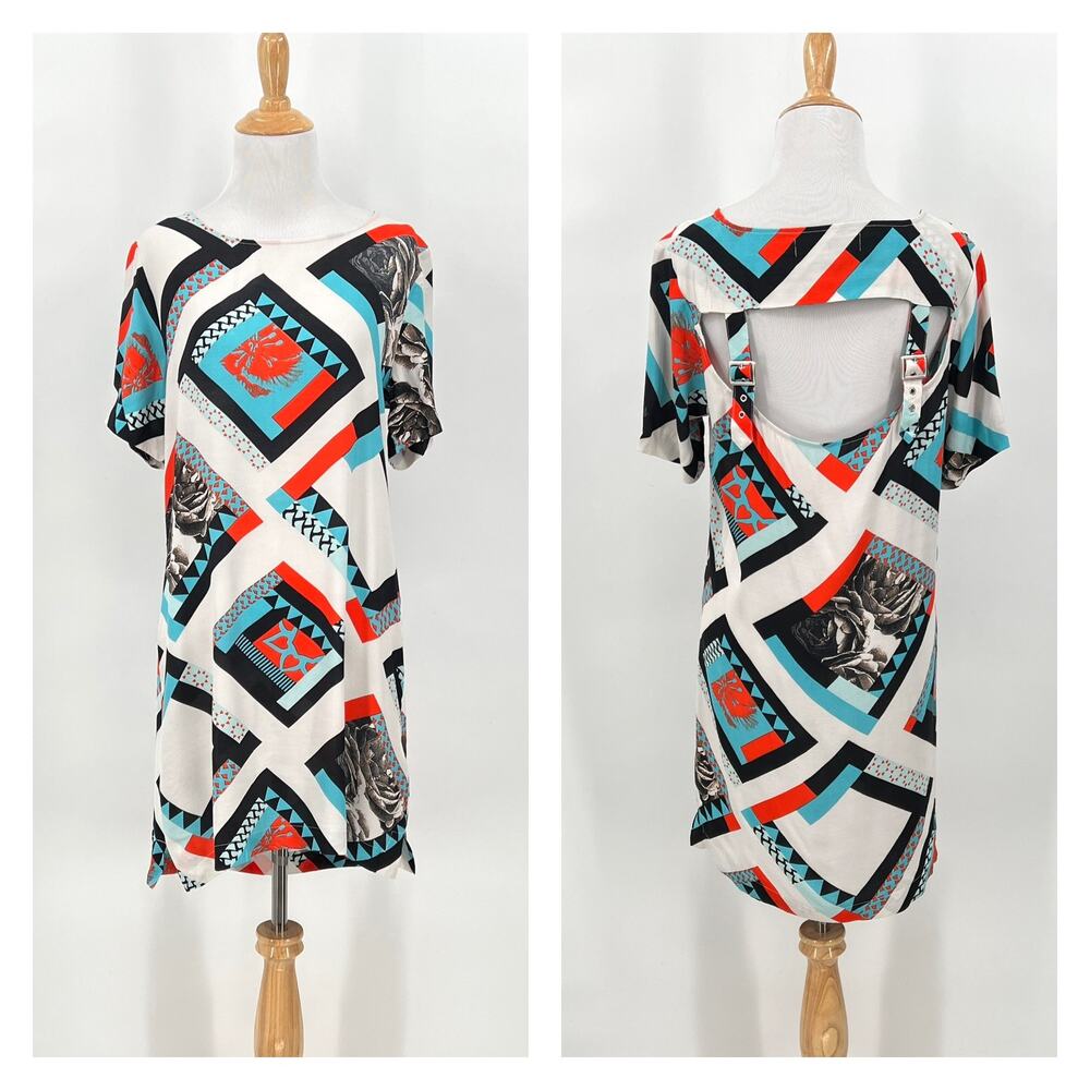 SOMETHING ELSE BY NATALIE WOOD Mini Dress Women 4 White Black Print Short Sleeve